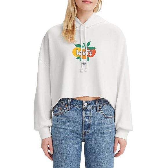 Levi’s White Cropped Graphic Hoodie California Fruit Logo Sweatshirt Size Medium - Picture 3 of 10
